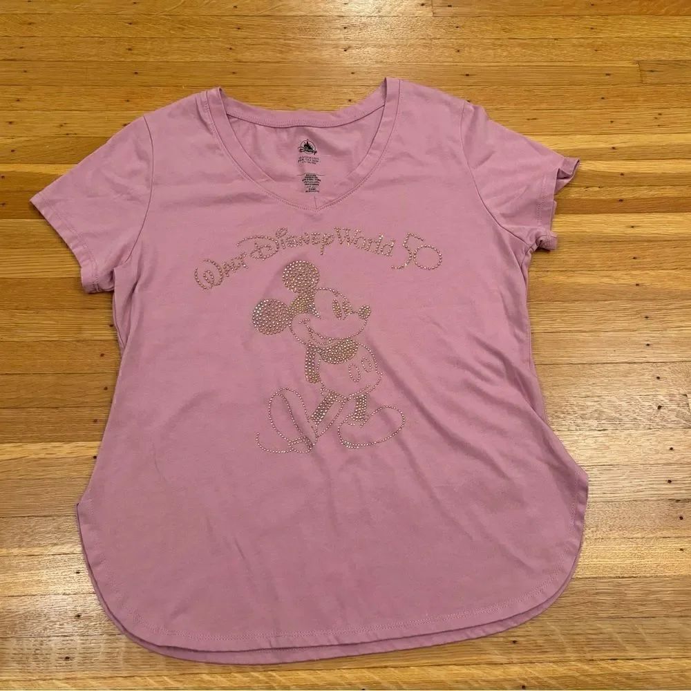 Walt Disney World 50th Anniversary pink short sleeve bejeweled Mickey Mouse tee